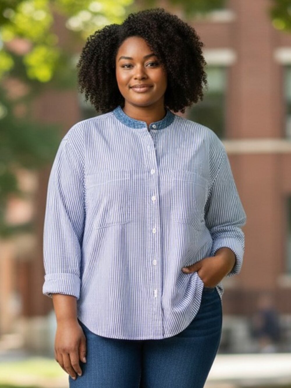Vintage Solutions Womens 2X Blue White Striped Banded Collar Button Up Shirt